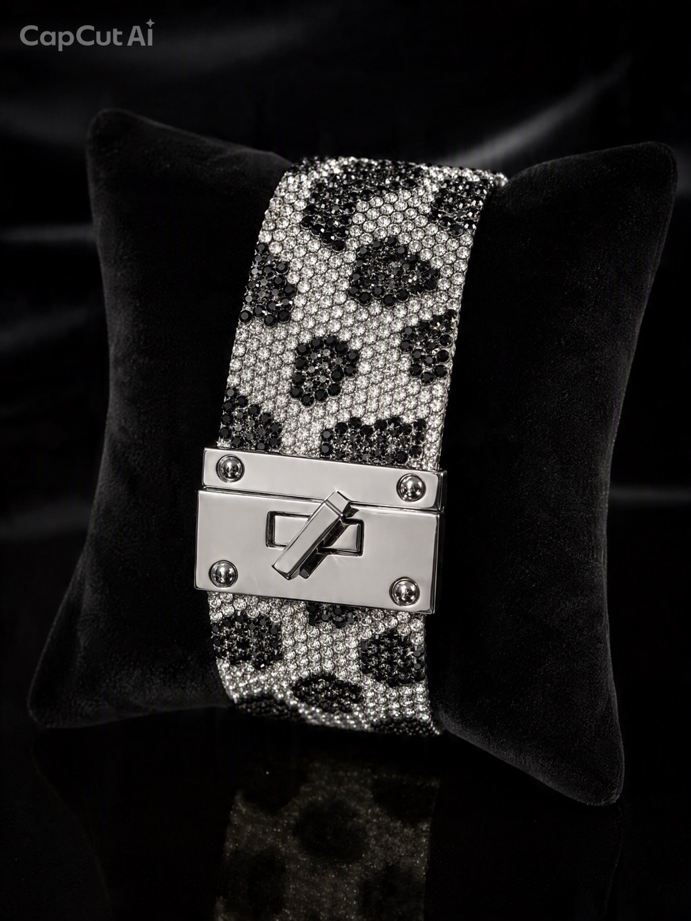 Black & Silver Rhinestone Leopard Print Wide Bracelet